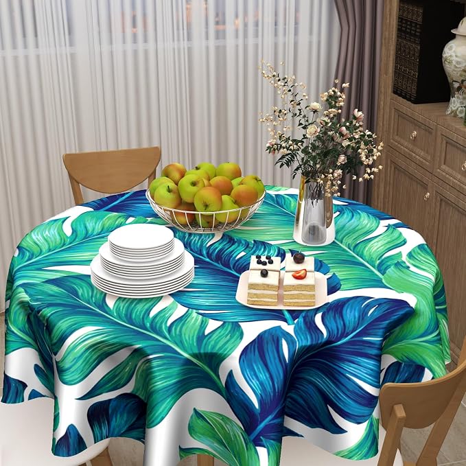 Sweetshow Tropical Tablecloth Round 60 Inches for Summer Green Hawaiian Palm Leaf Round Tablecloth Polyester Washable Circle Table Cover Table Cloth for Kitchen Dining Room Picnic Patio Wedding Party