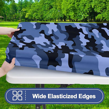 Smiry Picnic Table Cover with Bench Covers, Waterproof Elastic Fitted Tablecloth for 6 Foot Tables, Washable Polyester Camo Tablecloths for Camping & Patriotic Decor (Ocean Blue, 30x72 Inch 3-pc Set)