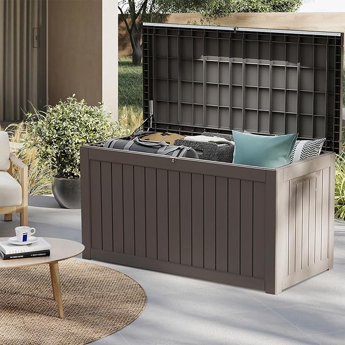 FEFLO 230 Gallon Waterproof Resin Outdoor Storage Box, Lockable & UV Resistant Patio Deck Boxes, Outside Storage for Patio Cushions, Pool Toys, Garden Tools & Package Delivery, Brown