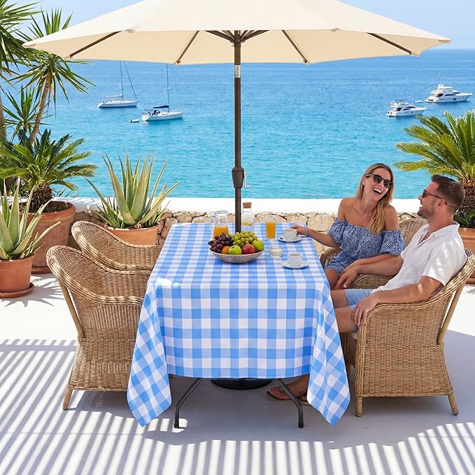 Poise3EHome Rectangle Outdoor Tablecloth with Umbrella Hole and Zipper,Blue and White Gingham 84x60 Inch,SpillProof Washable Table Cloth for Spring Summer Patio Garden Poolside Picnic Camping BBQS