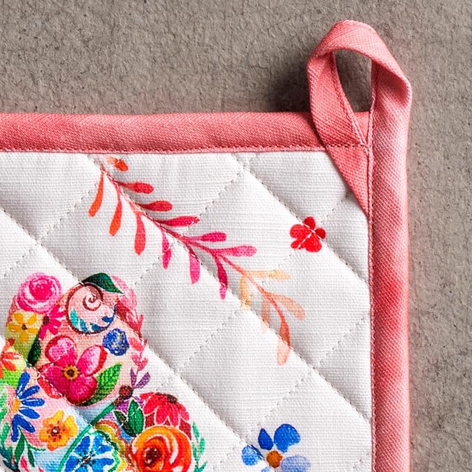 Maison d' Hermine Pot Holders 100% Cotton Heat Resistant Potholders 8" x 8" Hot Pads with Loop Baking Hotel Farmhouse Kitchen Handling Hot Pans Spring Summer (Pack of 2, Happy Florals - High Summer)