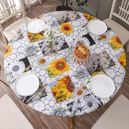 Walrus Round Vinyl Fitted Tablecloth with Flannel Backing Elastic Edge Design Table Cover Waterproof Oil-Proof PVC Table Cloth Stain-Resistant Best for 32"-36" Round