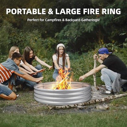 48 Inch Fire Pit Ring for Outside, 4FT Diameter Wood Burning Fire Ring, Large Round Galvanized Steel Fire Pit, Metal Outdoor Fireplace for Backyard, Patio, Camping, Bonfire (Silver)