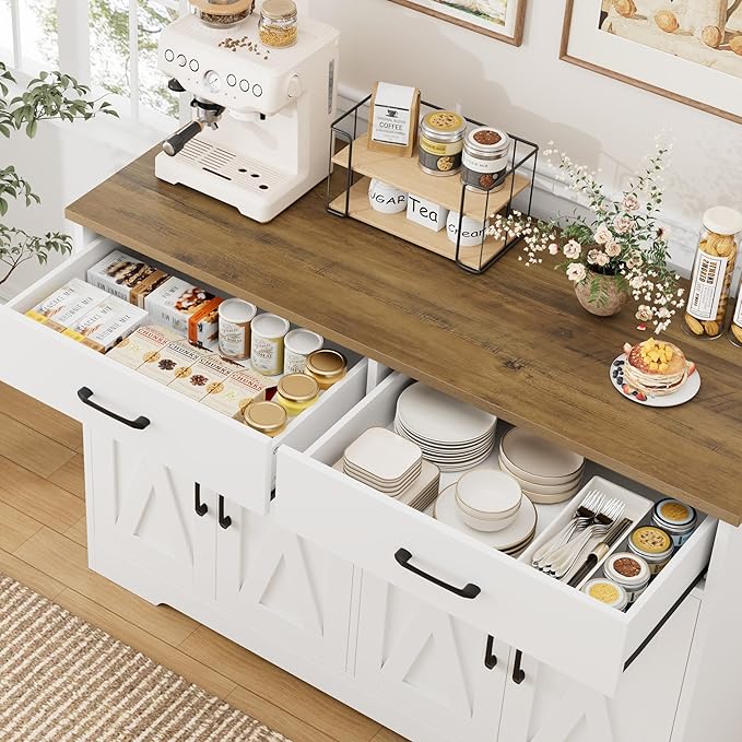 HOSTACK Buffet Cabinet with Storage, 47.2" Kitchen Sideboard Buffet with Drawers, Modern Farmhouse Coffee Bar Station with Shelves, Barn Doors Storage Cabinet for Living Room, White/Rustic Brown