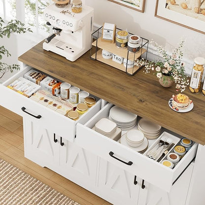 HOSTACK Buffet Cabinet with Storage, 47.2" Kitchen Sideboard Buffet with Drawers, Modern Farmhouse Coffee Bar Station with Shelves, Barn Doors Storage Cabinet for Living Room, White/Rustic Brown
