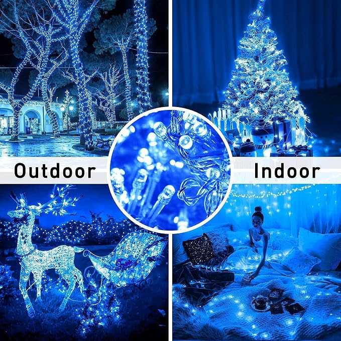 JMEXSUSS 33ft 100 LED Blue Christmas Tree Lights, Battery Operated Christmas Lights with 8 Modes Remote Waterproof Outdoor Indoor for Halloween Christmas Outside Decorations (Pack of 2)