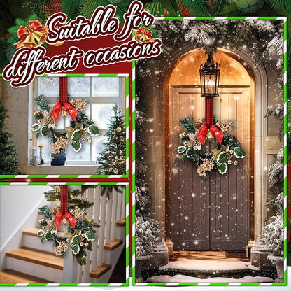 Zeyune 6 Pcs Small Christmas Wreaths for Kitchen Cabinets with Plaid Bow Ribbon Hanging Mini Christmas Cabinet Door Wreaths Decor for Kitchen Window Outdoor Indoor Holiday Decor, 14.96 x 7.87''