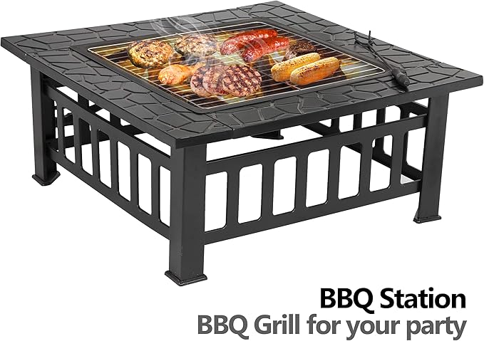HomGarden 32" Fire Pit Outdoor Patio Square Metal Heater Deck Firepit Backyard Garden Home Stove Burning Fireplace w/Spark Screen,Poker,Cover,Grill