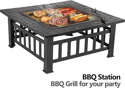 HomGarden 32" Fire Pit Outdoor Patio Square Metal Heater Deck Firepit Backyard Garden Home Stove Burning Fireplace w/Spark Screen,Poker,Cover,Grill