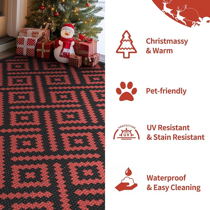 GENIMO Outdoor Rug, Waterproof Plastic Rugs for Patio, 6'x9' Red Grey | Outside Larger Modern Carpet Mat for Porch Decor, Deck, Balcony, Camping, RV, Backyard, Picnic, Beach, Reversible, Foldable