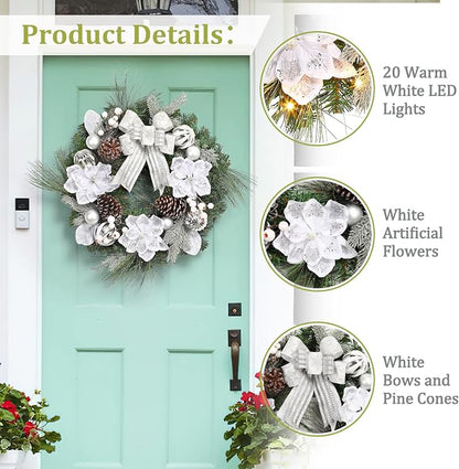 GarveeHome Christmas Wreath with Lights, 24 in Pre-lit Silver White Xmas Wreath with 20 Battery Operated LED Lights Artificial Magnolia Flower & Bow for Front Door Window Indoor Outdoor Decorations