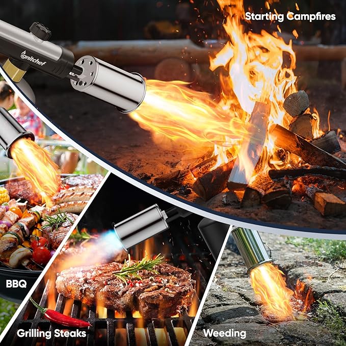 Propane Torch Gun with One-Touch Max Fire, Kitchen Blow Torch with a Safety Lock for Sous Vide Searing Steak, Grill, Charcoal Starter, Campfire (Propane Tank Not Included)