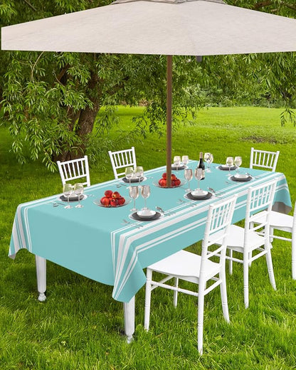 QueenKer Outdoor Tablecloth with Umbrella Hole, Farmhouse Teal White Stripe Rectangle Tables Waterproof Tabletop Collection for Patio, Garden, Picnic, Camping, Dining 60 x 102 inch