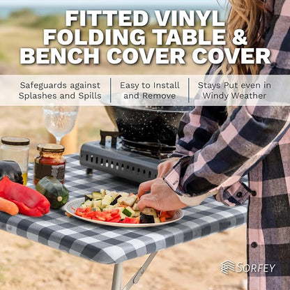 Picnic Table Cover with Bench Covers -Fitted with Elastic, Vinyl with Flannel Back, Fits for Table 30"x 72" Rectangle,Water Proof, Solid Grey Design
