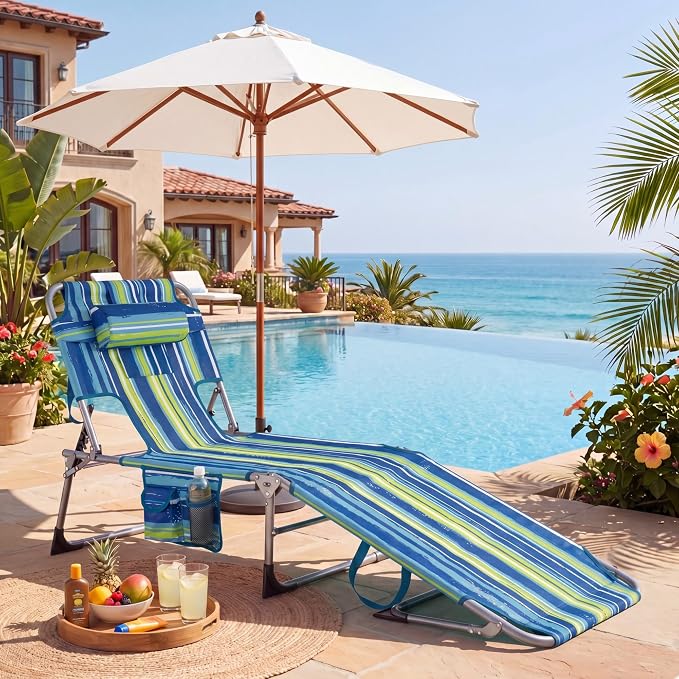 Goplus Tanning Chair, Folding Beach Lounge Chair with Face &Arm Hole, 4-Position Adjustable,Removable Pillow,Side Pocket, Sunbathing Chair, Portable Outdoor Lounge Chair for Patio Pool Lawn