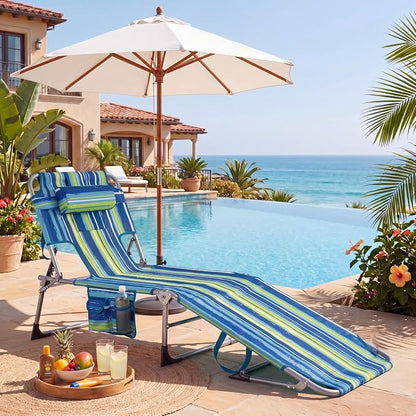 Goplus Tanning Chair, Folding Beach Lounge Chair with Face &Arm Hole, 4-Position Adjustable,Removable Pillow,Side Pocket, Sunbathing Chair, Portable Outdoor Lounge Chair for Patio Pool Lawn