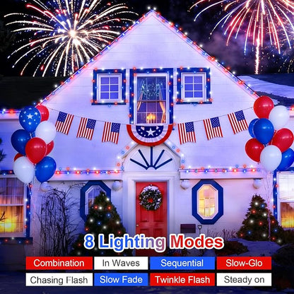 QITONG Red White and Blue Solar String Lights, 2 Pack Each 33ft 100 LED 4th of July Lights Outdoor Waterproof, 8 Modes Green Wire Solar Patriotic Lights for Independence Memorial Day