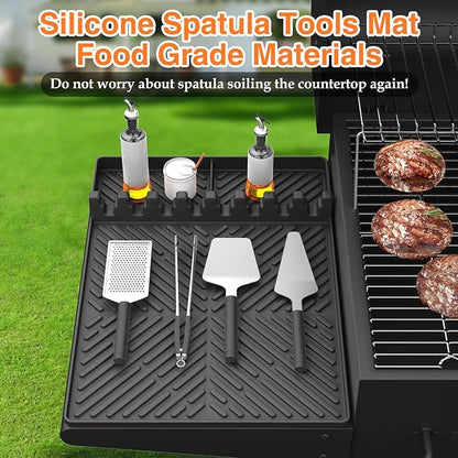 Silicone Griddle Tools - Spatula Mat with Drip Pad & Grill Utensil Holder Side Shelf for Kitchen, Cooking, Countertop, Griddle Accessories - 2 Pack