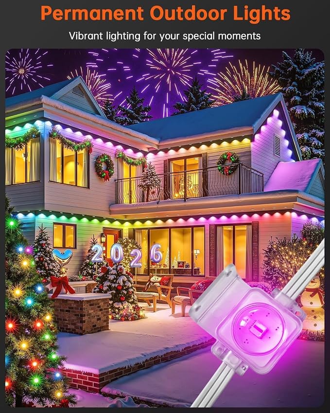 Permanent Outdoor Lights, 150FT with 90 RGBIC LED Lights, 50 Scene Modes, App & Voice Control, Cuttable, Accent & Year‑Round Eave Lighting, Outdoor Eave Lights for Christmas Holiday Patio Yard Decor