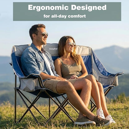 SunnyFeel Double Camping Loveseat Chair, Blue-Cooler, Foldable, Portable, Space Saving, Side Pocket, Cup Holders | 600LBS Heavy Duty Padded Camping Couch with Cup Holder, Cooler, Storage Pockets & Carry Bag for Outdoor/ Lawn/ Backyard