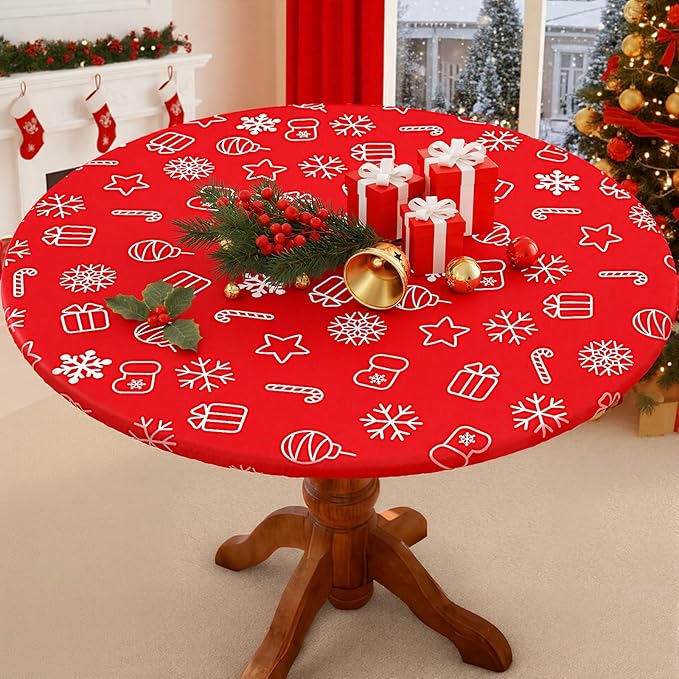 Smiry Round Spandex Tablecloth, Elastic Fitted Washable Tablecloths for 57"-68" Tables, Waterpoof Stretch Picnic Table Cover for Dining, Indoor and Outdoor, Snowflake