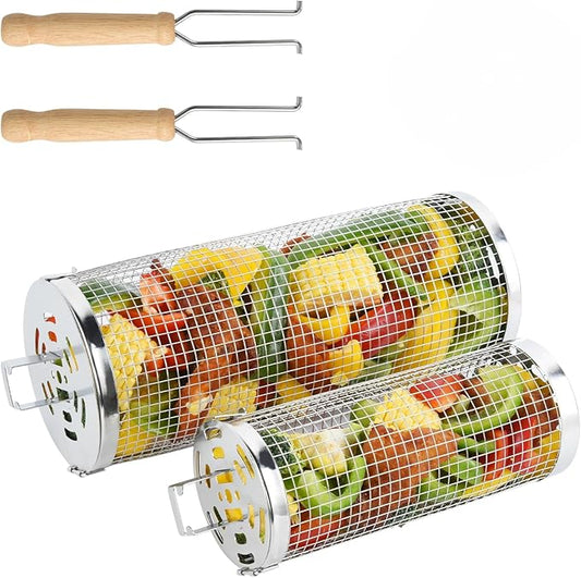 Rolling Grill Baskets 2PCS, 304 Stainless Steel Grill Basket with Removable Wooden Handle, Portable BBQ Grilling Basket for Fish Vegetables Shrimp, Outdoor Barbecue Accessories - Ideal Gifts for Men Dad Husband