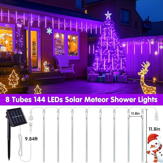 JMEXSUS Solar Christmas Lights Outdoor, 8 Tube 144 LEDs Solar Meteor Shower Lights, Purple Christmas Light for Tree Fence Eaves Patio Yard Holiday Party Decor