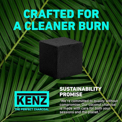 KENZ Coconut Charcoal Cubes 25 mm — 100% Natural, Low Ash, 72 pcs