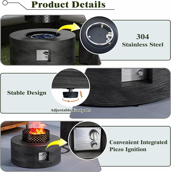 2-Piece Outdoor Propane Fire Pit Table Set w Tank Side Table 30'' Round Fire Pit Table w Wood Grain 2-in-1 Firepit Table for Outside Gas Fire Pit w 304 Stainless Steel Burner 50,000 BTU, Dark Gray