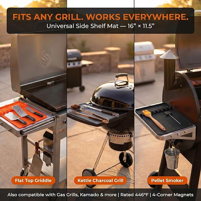 Magnetic Silicone Side Shelf Mat for Blackstone Griddle - 4 Corner Magnets, Extra Thick, Linear Drip Channels, 446°F Heat Resistant, 16"x11.5", Fits Weber Traeger Pit Boss, BBQ Gift for Men
