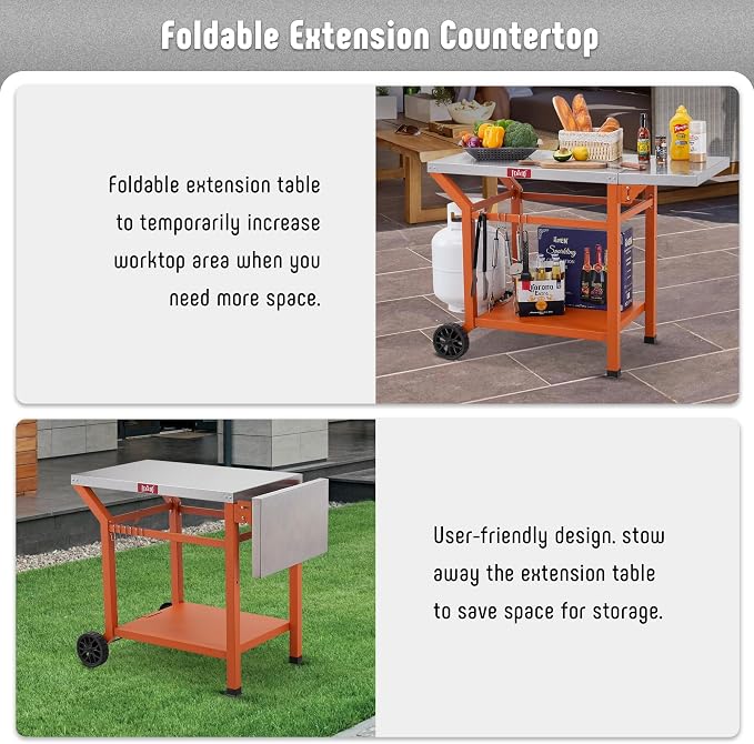 Feasto 43" Lx20 W Grill Table with Folding Side Table & Undershelf, Orange | Stainless Steel Tabletop, Foldable Side Shelf, Sturdy Undershelf, for Pizza Ovens, BBQ Grills, & Prep Work (Hooks Included)