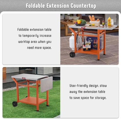 Feasto 43" Lx20 W Grill Table with Folding Side Table & Undershelf, Orange | Stainless Steel Tabletop, Foldable Side Shelf, Sturdy Undershelf, for Pizza Ovens, BBQ Grills, & Prep Work (Hooks Included)