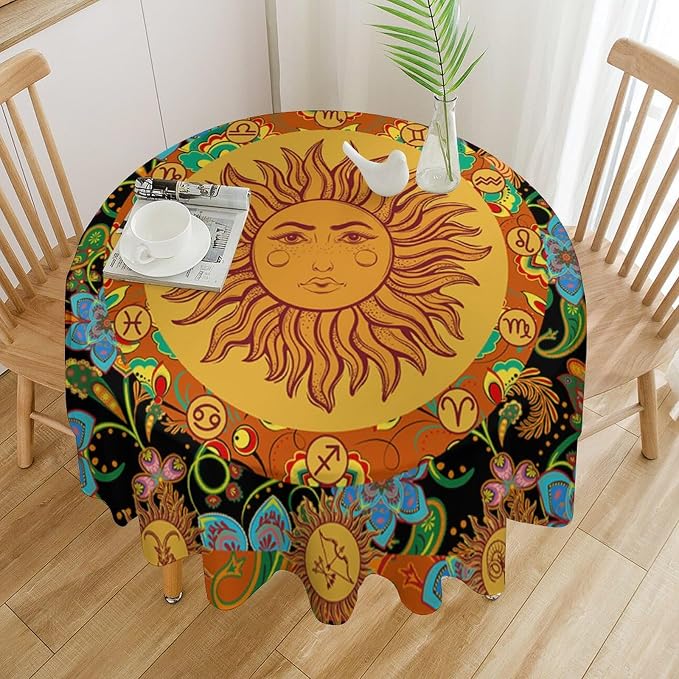 Vintage Boho Sun Round Tablecloth Wildflower Floral Bohemian Hippie Sun Table Cloth Water Resistant Wipeable Table Cover for Farmhouse Picnic Party Holiday Kitchen Dinner Table 36"