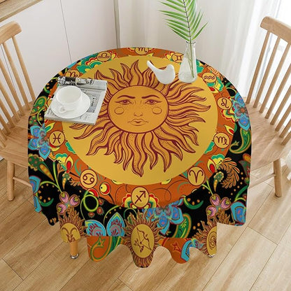 Vintage Boho Sun Round Tablecloth Wildflower Floral Bohemian Hippie Sun Table Cloth Water Resistant Wipeable Table Cover for Farmhouse Picnic Party Holiday Kitchen Dinner Table 36"