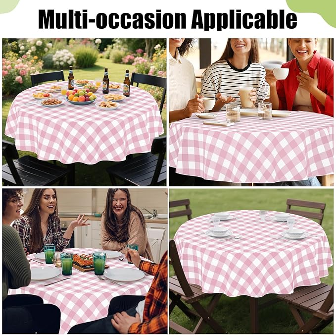 Smiry Picnic Table Cloth, Vinyl Tablecloths with Flannel Backing, 60" Round | Waterproof Picnic Table Cloth, Wipeable Buffalo Plaid Table Cover for Indoor and Outdoor (Pink & White)