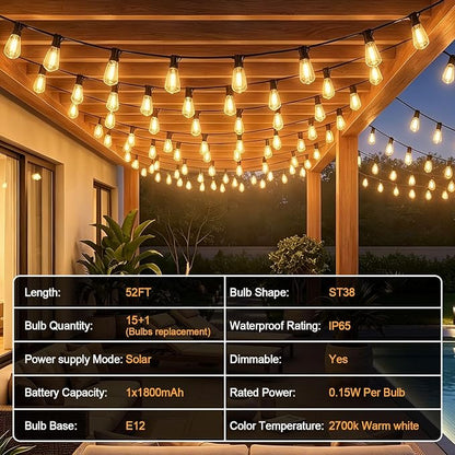 52FT Solar String Lights Outdoor Waterproof Patio Lights with Remote and 15+1 LED Shatterproof Bulbs, 3 Light Modes Dimmable & Timer Solar Lights for Backyard Porch Garden Wedding Decor