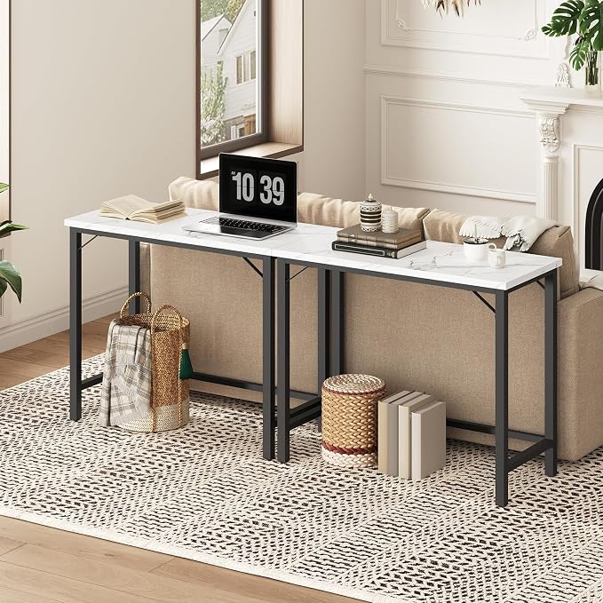 MAHANCRIS Narrow Bar Table, 63-Inch Pub Table for Dining Room, Counter Bar Tables with Sturdy Metal Frame, Connectable Bar Table, Multifunctional Console Table, Marble and Black BTHM1601