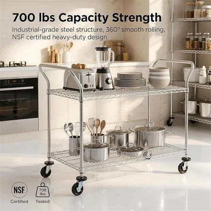 Finnhomy 2-Tier Commercial Grade Rolling Cart, Heavy Duty Utility Cart, Carts with Wheels and Handles, Kitchen Cart on Wheels, Metal Serving Cart with 700 lbs Capacity, Shelf Size 24" D x 48" W, NSF