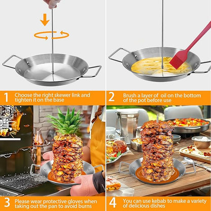 Al Pastor Skewer for Grill, Shawarma Skewer Stand, Stainless Steel Brazilian Vertical Spit with 5 Removable Spikes(6"/8”/10"/12”/14")& Brushes, for Tacos Al Pastor, Grill Smoker Oven BBQ