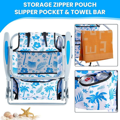 Portable Beach Chair for Adults, Outdoor Camping Chair Lay Flat Folding Backpack Beach Reclining Chair with 5 Positions, Headrest, Cup Holder, Heavy Blue Coconut Tree