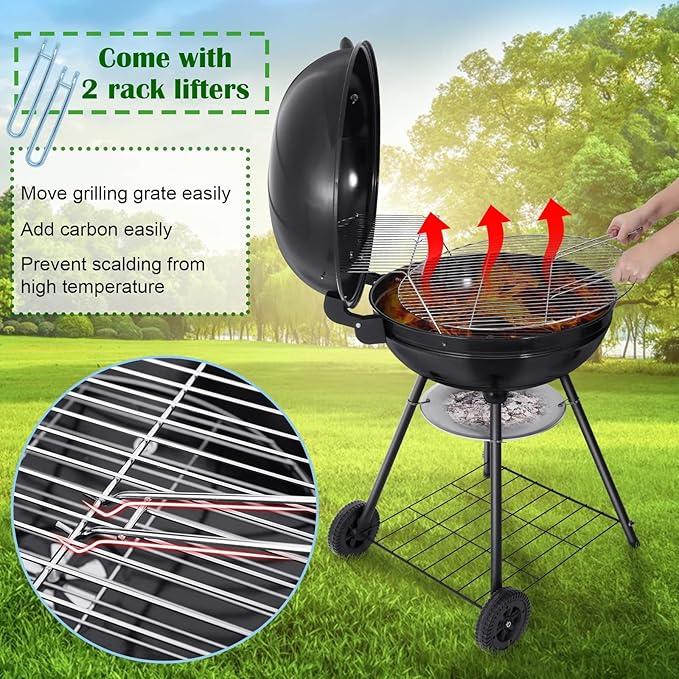 HaSteeL 22-Inch Kettle Charcoal Grill, Portable BBQ Gill with Wheels for Outdoors Barbecue, Camping, Picnic, Backyard, Tailgating, Beach, Storage Rack & 355 SQ.In Cooking Area, Black Porcelain Enamel