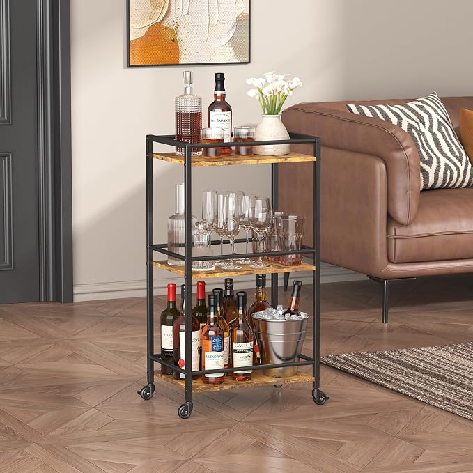 Lifewit Mini 3 Tier Rolling Bar Cart with Lockable Wheels, Rustic Brown | Drink serving liquor utility cart for dining living room, compact size 17 x 11.8 x 32.1 inch, mobile wine storage trolley