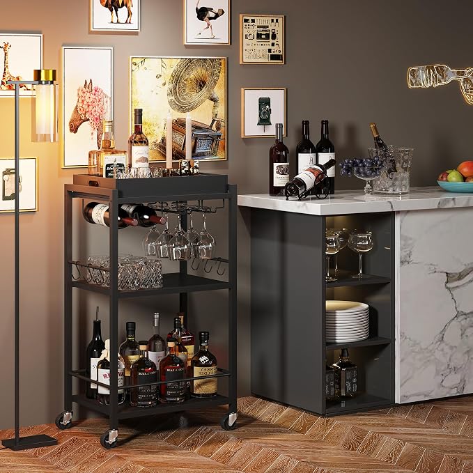 TUTOTAK Bar Cart with Wheels, Mini Drink Cart with Wine Rack & Glass Holder | 3-Tier 17 Inch Wide Home Bar Serving Carts, Small Mobile Kitchen Shelf with 6 Hooks, Black BC01BK036