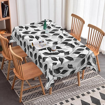 Black and White Leaves Tablecloth 60x84 Inch Rectangular Floral Plants farmhouse Table Cloth Kitchen Table Decoration for Home Dinner Party Waterproof Polyester Washable Tables Cover Oilproof