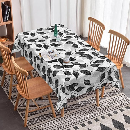 Black and White Leaf Tablecloth 60x120 Inch Rectangular Floral Plants Farmhouse Table Cloth Kitchen Table Decoration for Home Dinner Party Waterproof Polyester Washable Tables Cover Oilproof