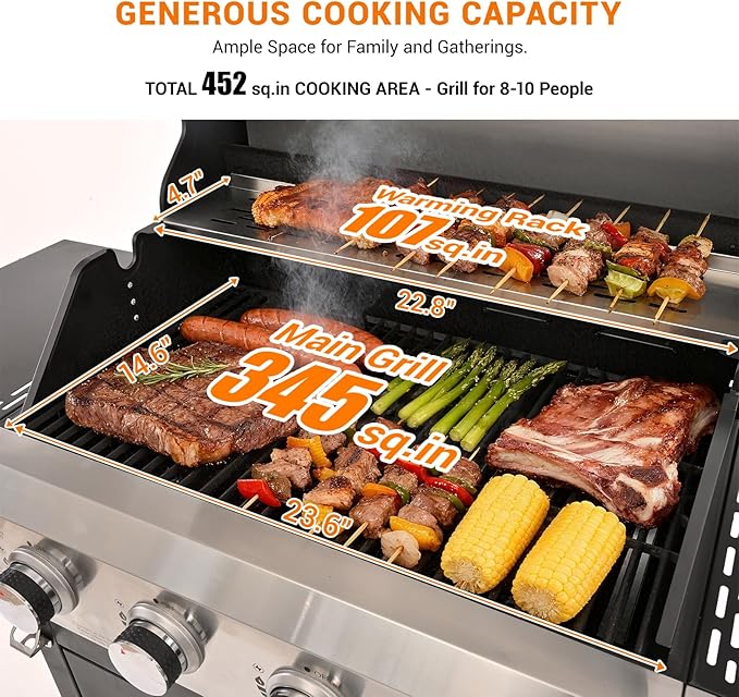 EUHOME Upgraded 51,000 BTU Stainless Steel Burner Barbecue Grill, 4 Burner BBQ Propane Gas Grill with Side Burner, 452 sq. in Cooking Area with Porcelain for Patio, Camping, Outdoor Cooking