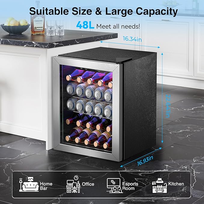 Kismile Mini Refrigerator Beverage Cooler 48L Fridge Glass Door for 18 Bottle 68 Can,1.7 Cu.Ft Drink Fridge with Stainless Steel Outer Frame,Electronic Temperature Control for Home/Bar/Office 40-61℉