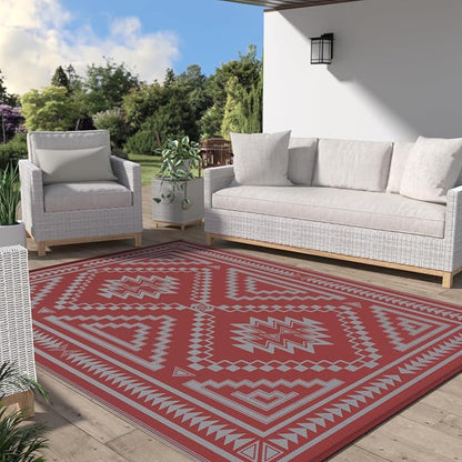 GENIMO Outdoor Rug, Waterproof Plastic Rugs for Patio, 6'x9' Mist Red | Outside Larger Modern Carpet Mat for Porch Decor, Deck, Balcony, Camping, RV, Backyard, Picnic, Beach, Reversible, Foldable