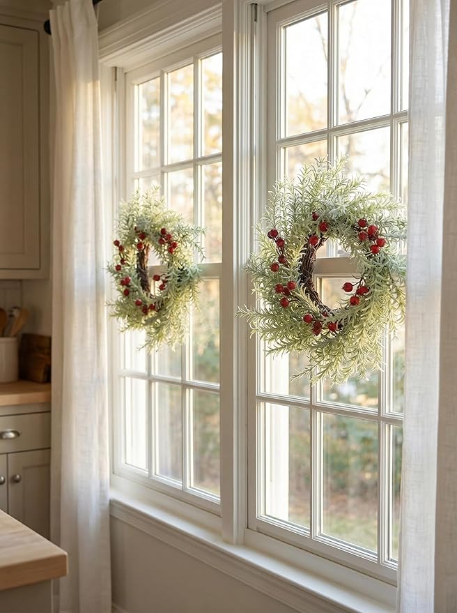 2 Pcs Christmas Candle Rings Wreaths, 10 Inch Flocked Candle Wreath with Artificial Berries Rosemary, Christmas Candle Holder Indoor Decor for Home Kitchen Cabinets Centerpieces for Tables