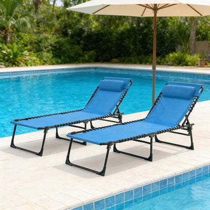 2 Pack Outdoor Folding Chaise Lounge 5-Position Adjustable Recliner 400LB Heavy Duty Portable Patio Camping Beach Chair, Blue